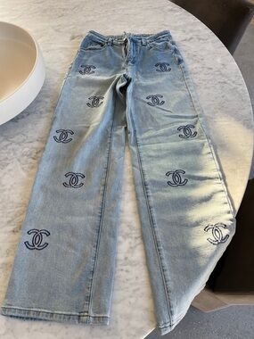 Light Blue Embroidered Logo Wide-Leg Jeans